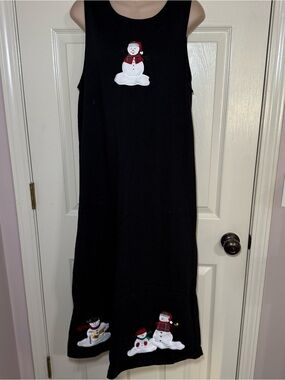 Vintage Westbound Dress Black Size Medium Petite Cotton Embroidered Snowman